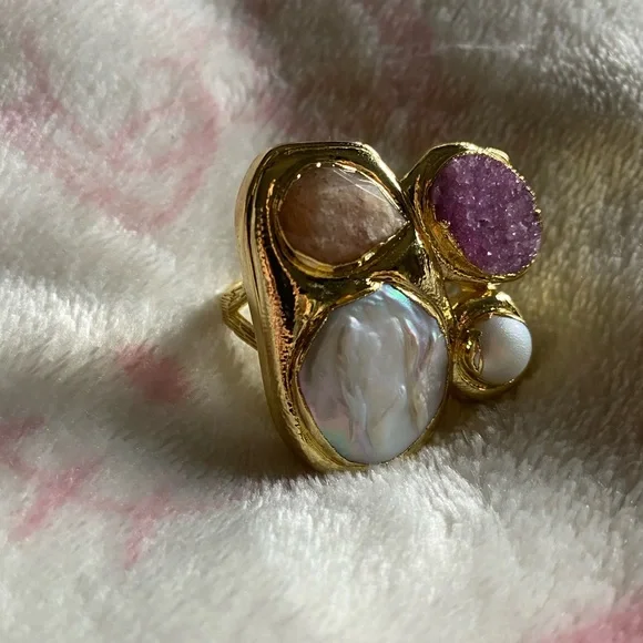 Real Pearl and Stone 18k GP Ring - Picture 2 of 5